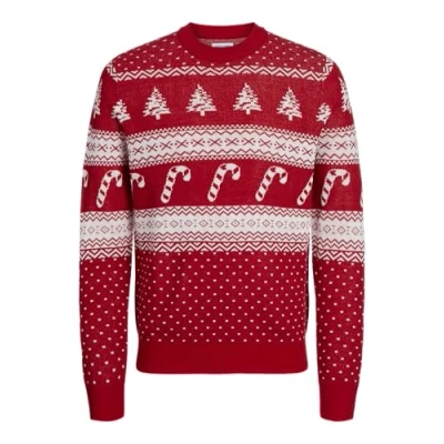 Image of JACK &amp; JONES Men&#039;s Jjxmas Gabriel Knit Crew Neck Jumper, Scarlet Sage/Pattern:w. Cloud Dancer, M