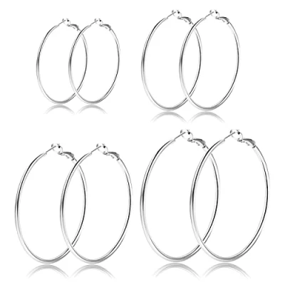 Image of Silver Hoop Earrings Women, 4 Pair 925 Earrings, Lightweight Hypoallergenic Set, Pure Handcrafted Big Hoop, Jewelry Gift, 30/40/50/60 MM