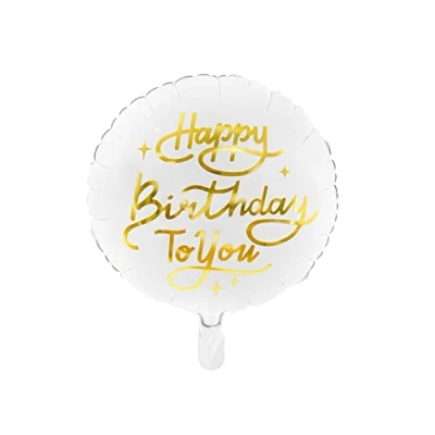 Image of PartyDeco White &amp; Gold 35cm Happy Birthday Balloon, Star Theme, Large, Round, 1 count, Unisex, Reusable, for Classy Parties and Original