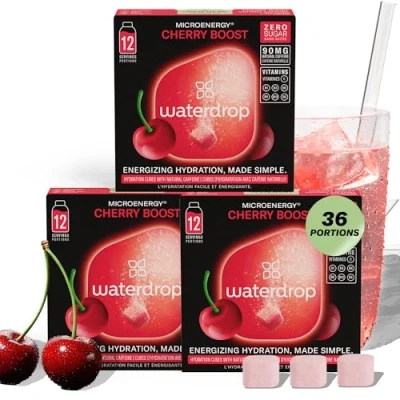 Image of waterdrop® Microenergy Set, Energy Drink, 36 Water Flavouring Hydration Cubes in Cherry Flavour, Sugar Free, Low Calorie Fizzy Drinks, 90 mg Natural Caffeine, Vitamin C and B