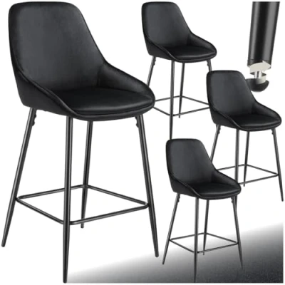 Image of TecTake® Set of 4 Bar Stools with Velvet Look Covers &amp; Plush Padding, Height Adjustable Stool Backrests Slim Steel Legs, Ideal as Kitchen Island Dining Chairs Black