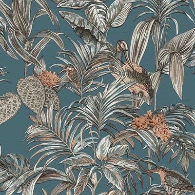Image of Design ID Wallpaper DE120016 Wallstitch Bird of Paradise Dark Blue &amp; Silver