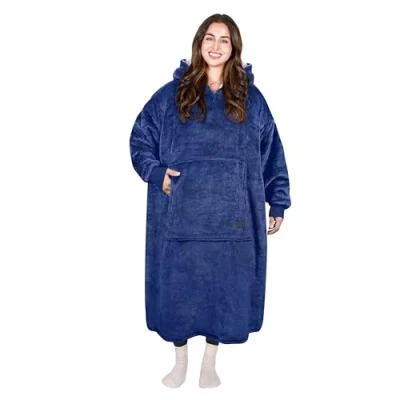 Image of Catalonia Classy Extra Long Sherpa Hoodie Blanket Ghepard, Fluffy Oversized Cosy with Sleeves and Hood, Warm Large Hooded Blanket, Wearable as a Gift Idea for Women Men, Dark Blue