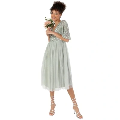 Image of Maya Deluxe Ladies Midi Dresses for Women Embellished V Neck Flutter 3/4 Sleeve Sequins Wedding Guest Prom Graduation Green Lilly Size 18