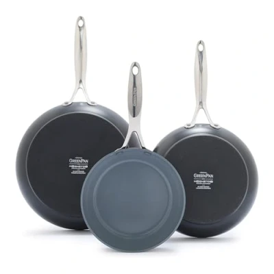 Image of GreenPan Valencia Pro Hard Anodized 3 Piece Fry Pan Skillet Set, Ceramic Nonstick 8&quot; 9.5&quot; and 11&quot; Induction Suitable Frying Pans, PFAS Free Cookware, Dishwasher Safe, Oven Broiler Gray