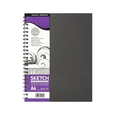 Image of Daler Rowney Simply Medium Grain 100gsm A4 Hardback Spiral Bound Sketchbook, 54 Soft White Sheets, Ideal for Entry Level Artists &amp; Hobbyists