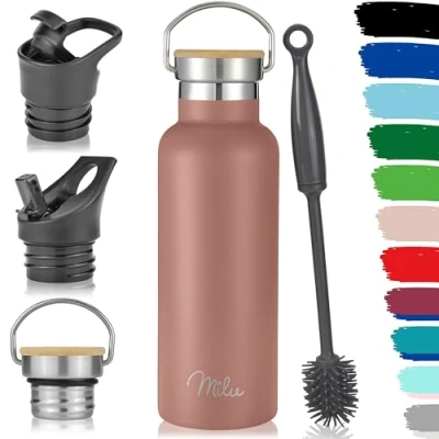 Image of Milu Stainless Steel Drinking Bottle 350ml, 500ml, 750ml, 1l (+3 Lids) Thermo with Straw, Water Bottle, for Hot, Cold &amp; Carbonated Drinks (Rose Gold, 500ml)