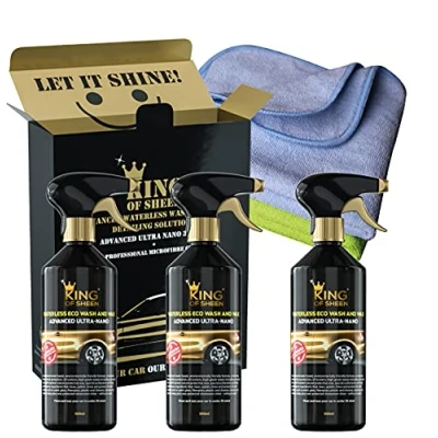Image of King of Sheen Advanced Ultra Nano Waterless Car Wash and Wax Spray Cleaner with Carnauba Polymers for Unbeatable Protection Shine,(3 x 500ml)+2 Professional Microfibre Cloths