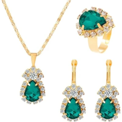Image of TOEECY Jewellery Set for Women Crystal Pendant Necklace Ring Earring Golden Cubic Zirconia Gift Wedding Bridal Bridesmaid (Green)