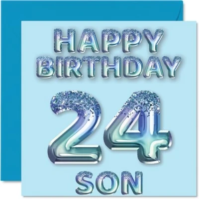 Image of 24th Birthday Card for Son Blue Glitter Party Balloons Happy Cards 24 Year Old from Mum Dad Parents, 145mm x Bday Greeting Gift