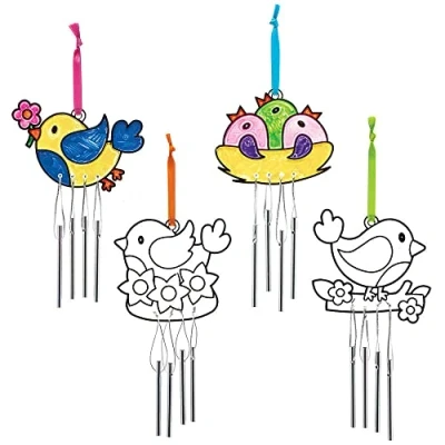 Image of Baker Ross FC691 Bird Suncatcher Windchimes Pack of 4, Painting Craft Kit for Kids, Stained Glass Window Crafts