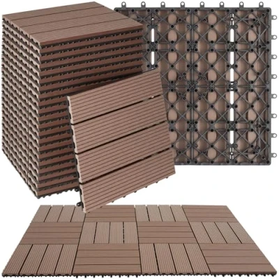 Image of tectake® 22 Piece Decking Tile Set in Wooden Look with Interlocking Click System, Non Slip &amp; Weather Resistant WPC, Grid Base Drainage Easy to Install Garden Patio Tiles Brown