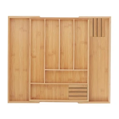 Image of Relaxdays Cutlery Tray, Extendable, 6 8 Compartments, 2 Knife Blocks, 5x32x43 cm, Kitchen Drawer Insert, Bamboo, Natural