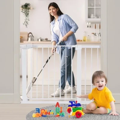 Image of COMOMY Stair Gate 75 103cm, Pressure Fit Baby Gate, Auto Close Dog Gates Indoor, Child Safety for Doorways, Pet with Easy Walk Thru Door, Metal Extensions, 76cm Tall (White)