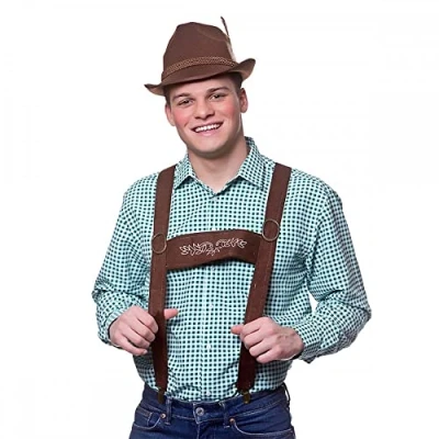 Image of A2ZFD Adult Mens Oktoberfest Braces + Deluxe Brown Bavarian Hat : Beer Festival Fancy Dress Accessory Set, L