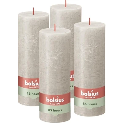 Image of Bolsius Rustic Pillar Candle Light Grey Pack of 4 Long Burning Time 85 Hours Household Interior Decoration Unscented Natural Vegan Wax No Palm Oil 19 x 7 cm