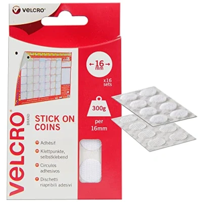 Image of VELCRO Brand Stick On Coins Double Sided Hook &amp; Loop Self Adhesive Sticky Perfect for Room Décor Home, Office, Garage Use White 16mm x Set of 16