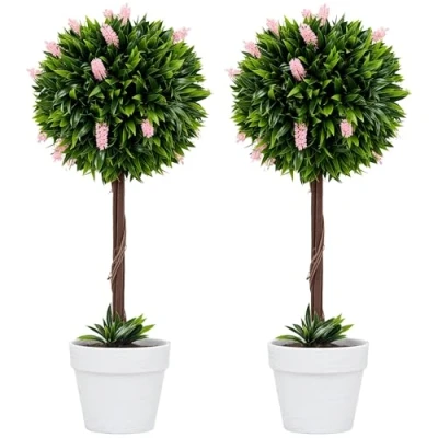 Image of HOMCOM Set of 2 Decorative Artificial Plants Ball Trees with Lavender Flowers in Pot Fake for Home Indoor Outdoor Decor, 60cm, Pink