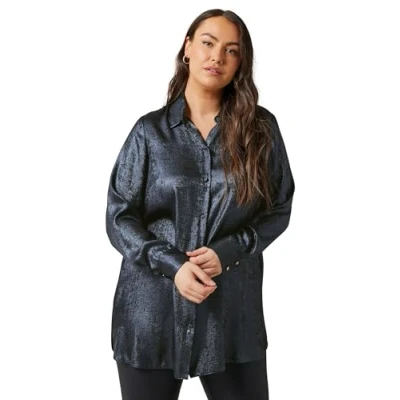 Image of EVANS Curve Blue Metallic Long Sleeve Shirt Women&#039;s Plus Size