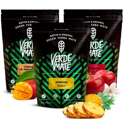 Image of Fruity Yerba mate set with fruits Verde green Mango &amp; Maracuya, Ananas, Dragon Brazilian Mild taste Natural coffeine tea 3x500g