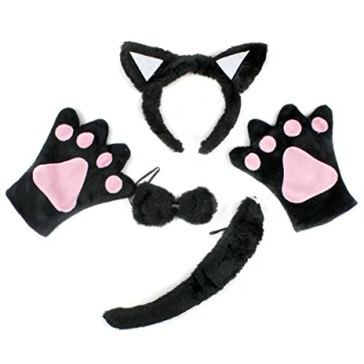 Image of Petitebelle Cat Headband Bowtie Tail Gloves 4pc Children Costume 1 10y (Black, 4 years)