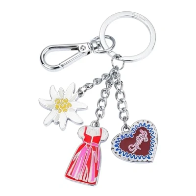 Image of TROIKA Oktoberfest Dirndl Keyring with Carabiner and 3 Pendants Edelweiss Spatzl Accessories Women Gift Metal Enamel Original, Silver Tone, Multi, 11 x 6,7 0,5 cm
