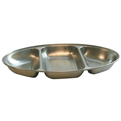 Image of Genware NEV 12563 Three Division Oval Veg Dish, Stainless Steel, 14&quot; Width, 21.2 cm