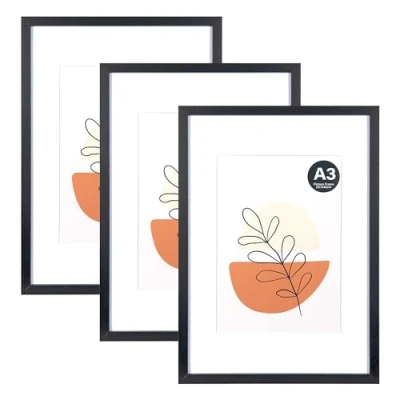Image of KAIWIN Picture frame Black A3 Set of 3 with passe partout 21x30 cm (A4), Photo acrylic glass For hanging, photos, posters, puzzles Poster
