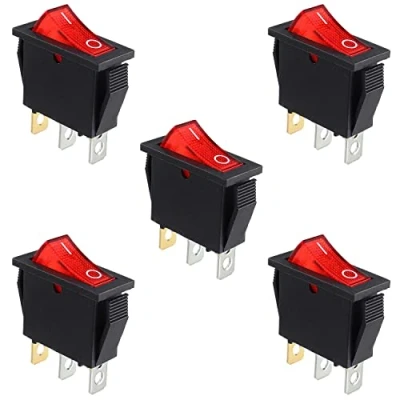 Image of HUAREW 5Pcs Rocker Switch Red Light Illuminated, ON/Off SPST 3 Pin Position Boat Toggle Snap AC 250V/15A 125V/20A KCD3 101