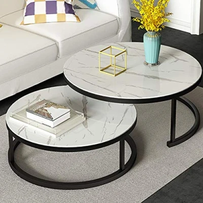 Image of Set Of 2 Stackable Coffee Tables For Living Room, Round Elegant Nest Side Tables, Stacking Marble Texture &amp; Metal Nesting End