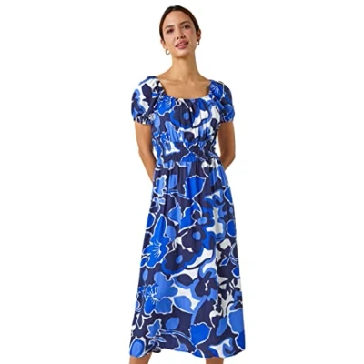 Image of Roman Womens Floral Print Puff Sleeve Midi Dress Blue Size 12 UK