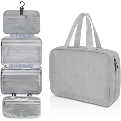 Image of ZiaWorld Travel Toiletry Bag with Hanging Hook, Waterproof Foldable Large Capacity Makeup Organizer, Women &amp; Men Toiletries for Full Sized Essential Accessories Cosmetics, Grey