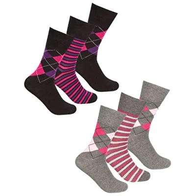 Image of 6 Pairs Cottonique Argyle Design Socks 41B586 Black/Grey Mix