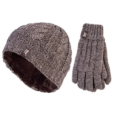 Image of HEAT HOLDERS Ladies Thermal Winter Outdoor Fleece Insulated Hat and Gloves Set in 7 Colours (M/L, Black) Fawn)