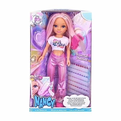 Image of NANCY A Day of Shiny Look Pink Hair Doll Set for Styling and Decorating Hair, Creating Designs with Glitter, Gemstone Machine, 100 Accessories, Boys Girls Aged 3+
