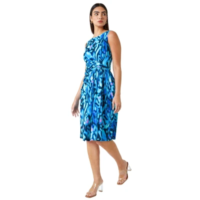 Image of Roman Originals Ruched Waist Dress for Women UK Ladies Twist Knot Waisted Wrap Stretch Jersey Knee Length Business Smart Work Office Formal Evening Petite Blue Navy Size 10