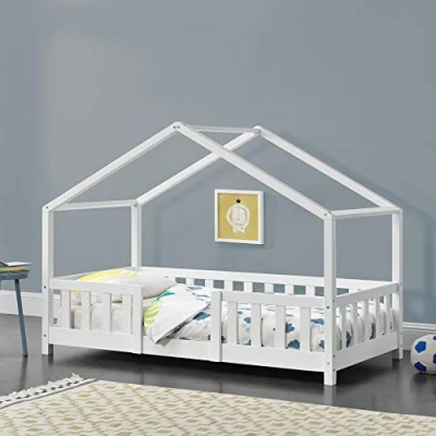 Image of [en.casa] Children&#039;s bed Treviolo house 80 x 160 cm wooden for children with fall out protection frame slatted pine wood white