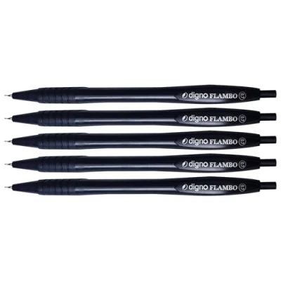 Image of DIGNO FlowTECH Retractable Ballpoint Pens, BLACK, Fine Point (0.7mm), Pack of 5, Smooth Ball Rubber Grip, Ideal for School Office Home Professional Use