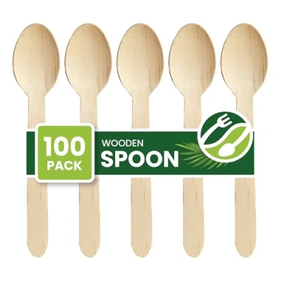 Image of Eco Leaf 100pcs Disposable Wooden Spoons, 16cm, Biodegradable &amp; Compostable Friendly Cutlery Set for Weddings, Picnics, Parties, Camping Catering Sturdy Birch Wood Bamboo Spoons