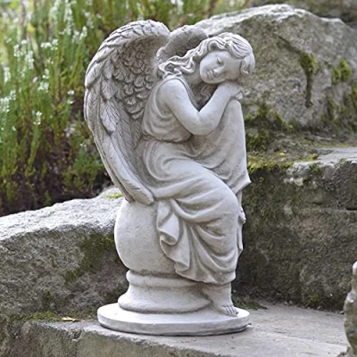 Image of ONEFOLD Sleeping Angel Memorial Statue on Column, Stone Garden Ornament and Sculpture