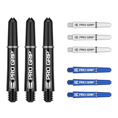 Image of TARGET Darts Pro Grip Shafts Set of 9 3 Colours, Black/White/Blue Short, 34mm Dart Stems, Professional Accessories, 2BA Shaft Multipack with Rings