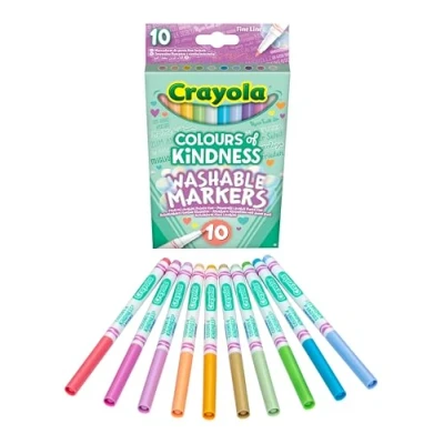 Image of CRAYOLA Colours of Kindness Washable Fine Line Markers Assorted (Pack 10) That Represent Good Feelings Ideal for Kids Aged 3+