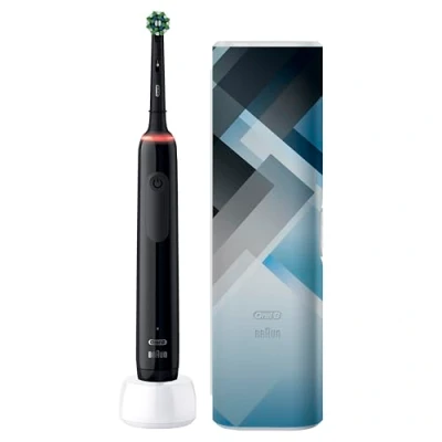 Image of Oral B Pro 3 Electric Toothbrush For Adults, 1 Cross Action Head &amp; Mondrian Travel Case, Modes with Teeth Whitening, 2 Pin UK Plug, 3500
