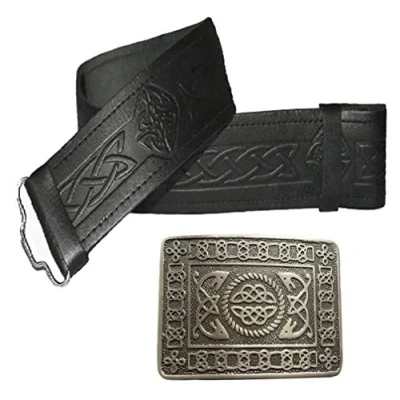 Image of Maze Leather Kilt Belt Embossed and Antique Celtic Knot Buckle