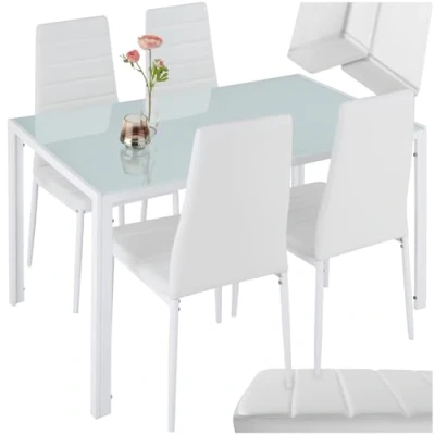 Image of TecTake® 4 Person Dining Set, Attractive Design, Comfortable Chairs, 1 Table with Robust Safety Glass Top, Lightweight and Stable, Versatile Combinable, Floor Protecting Plastic Caps white