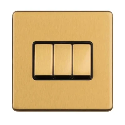 Image of 3 GANG 10AMP 2WAY SWITCH FLAT CONCEALED SATIN BRASS PLATE MATCHING ROCKERS