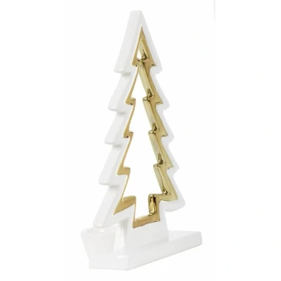 Image of White Ceramic Christmas Tree Shaped Tealight Candle Holder With Shiny Gold Detail 15cm Tall
