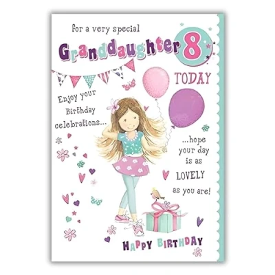 Image of Granddaughter 8th Birthday Card Age 8 Balloons, Flowers and Hearts Design Special Finishes Made in the UK