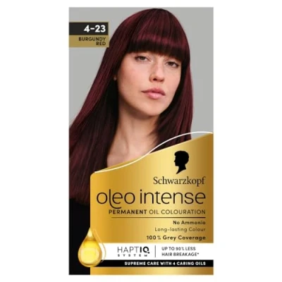 Image of Schwarzkopf Oleo Intense Permanent Oil Colour 4 23 Burgundy Red Hair Dye, 100% Grey Coverage, Conditioner with HaptIQ System, Long Lasting Colour, Ammonia Free Dye