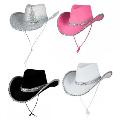 Image of Pack of 4 Texan Cowgirl Hats With Sequins (1 x BLACK and 1 WHITE SILVER HOT PINK) : Adult Ladies Wild West Rodeo Cowboy Music Festival Pop Tour Fancy Dress Accessory Set